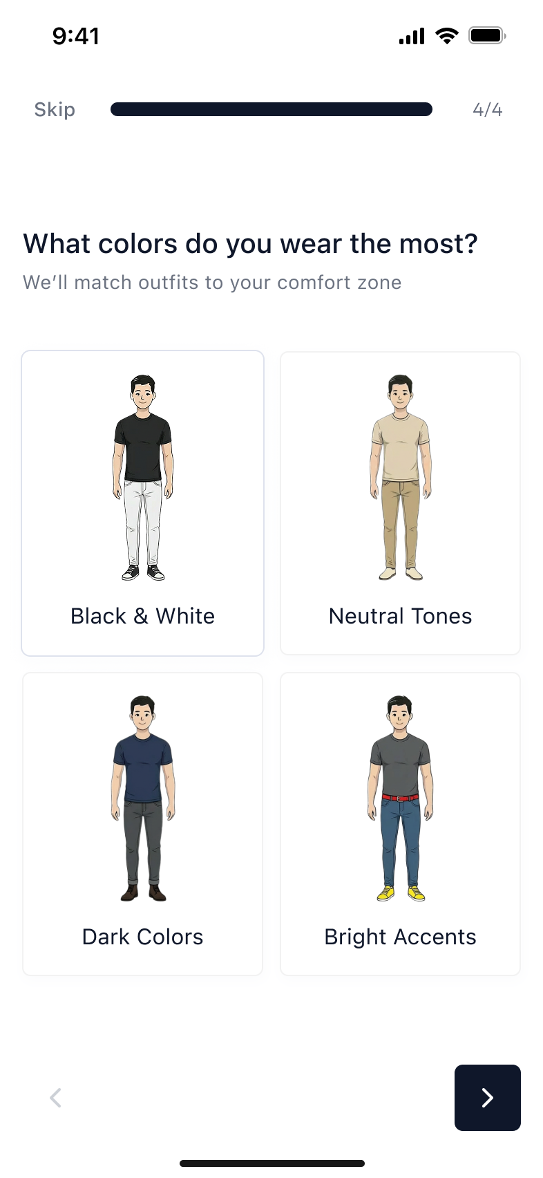 Before, step 4 of 4 — What colors do you wear the most?